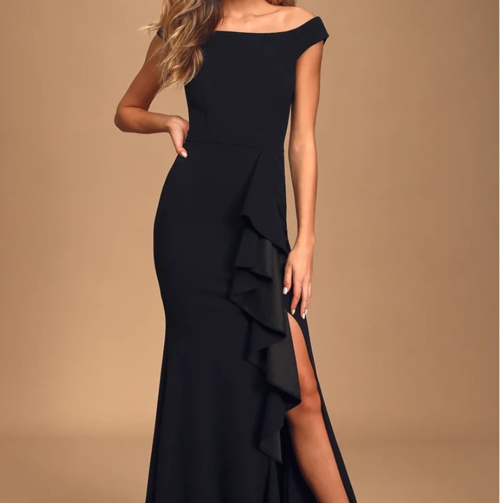 Lulus slate blue off the shoulder ruffle dress
